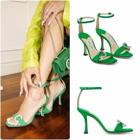 Jimmy Choo Marsai 90 Crystal Buckle Green Suede Sandals EU37.5 - Picture 2 of 11